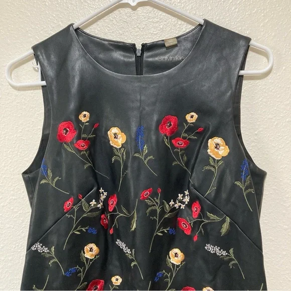 CALVIN KLEIN FAUX LEATHER EMBROIDERED SHIFT DRESS WOMEN Size 2 - Picture 3 of 16